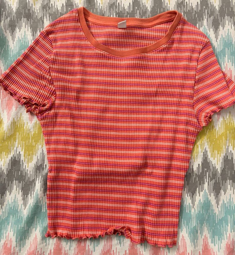 Striped Lettuce Hem Cropped Top