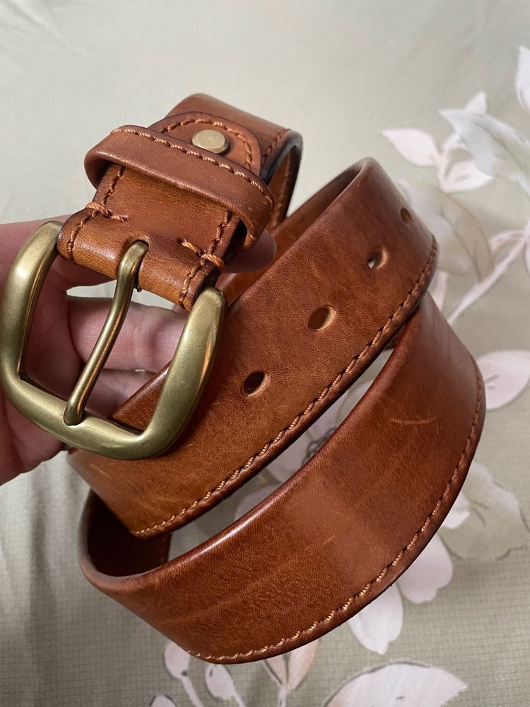 Classic Brown Leather Belt with Brass Buckle