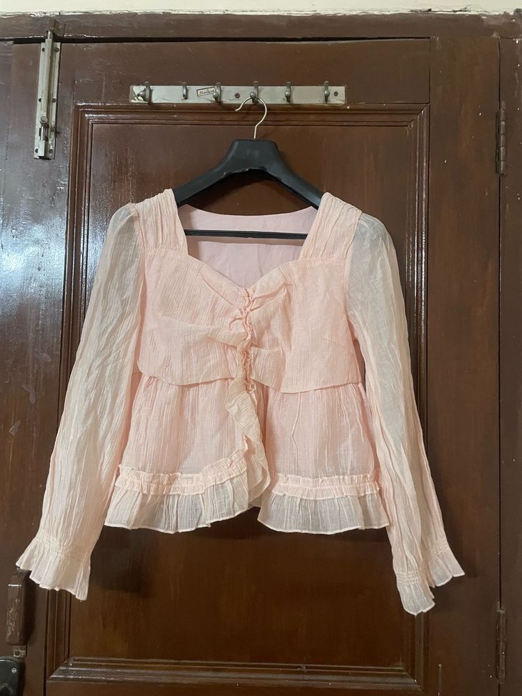 Chic Ruffled Pink Long Sleeve Top