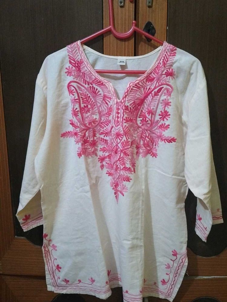 White Kurta with Pink Embroidery