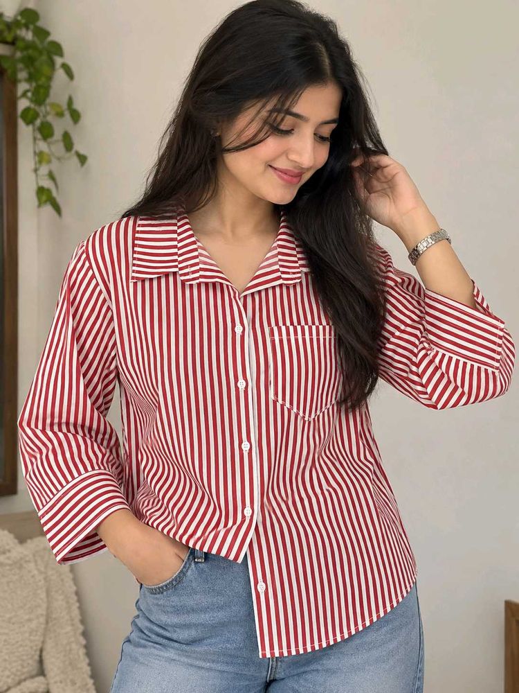 Red Striped Button-Up Shirt