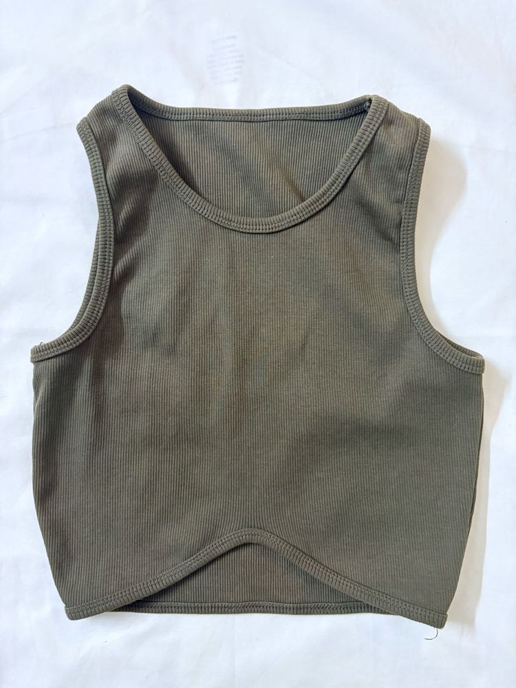 Ribbed Olive Green Crop Tank Top