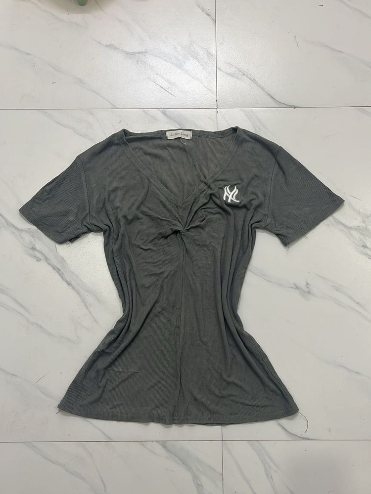 Grey Twisted V-Neck T-Shirt