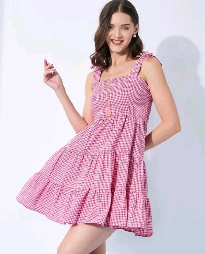Chic Pink Gingham Tiered Mini Dress