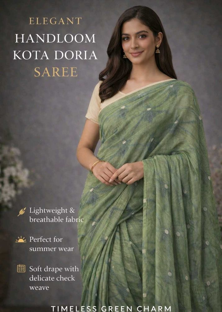 🥻Elegant lime Green rare Kota doria fabric Saree