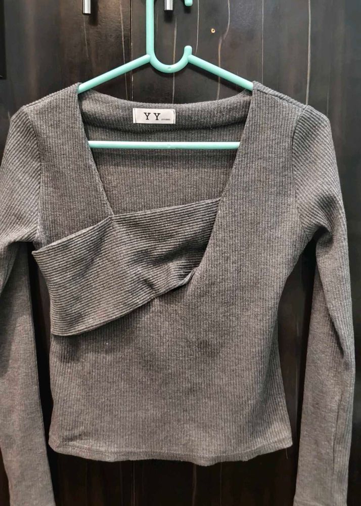 YY Gray Ribbed Long Sleeve Top