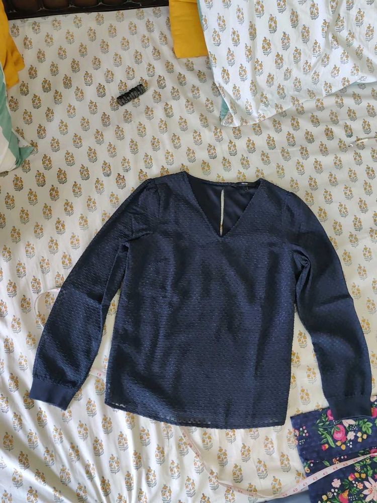 Navy Blue Textured V-Neck Top