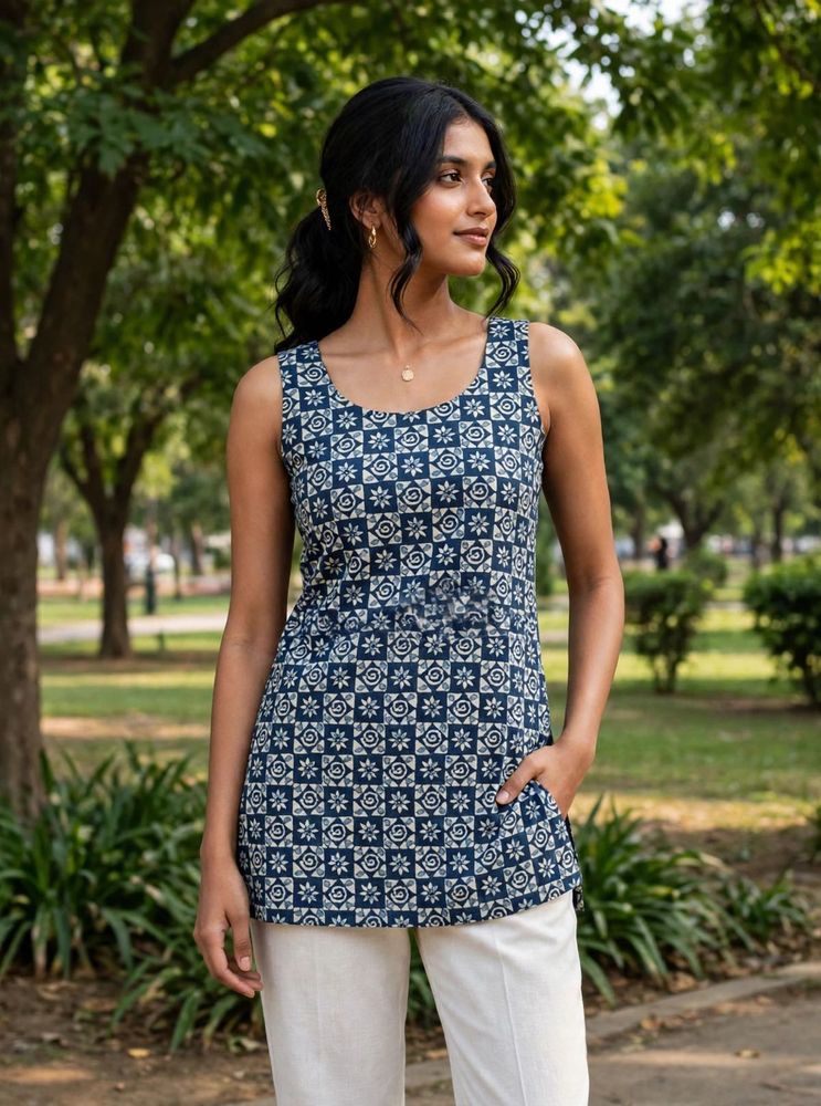 Chic Blue &amp; White Block Print Sleeveless Kurta