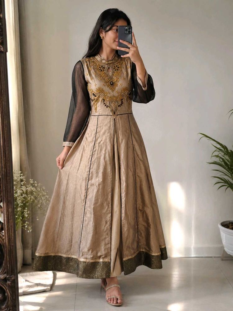 Elegant Beige Embroidered Anarkali Gown