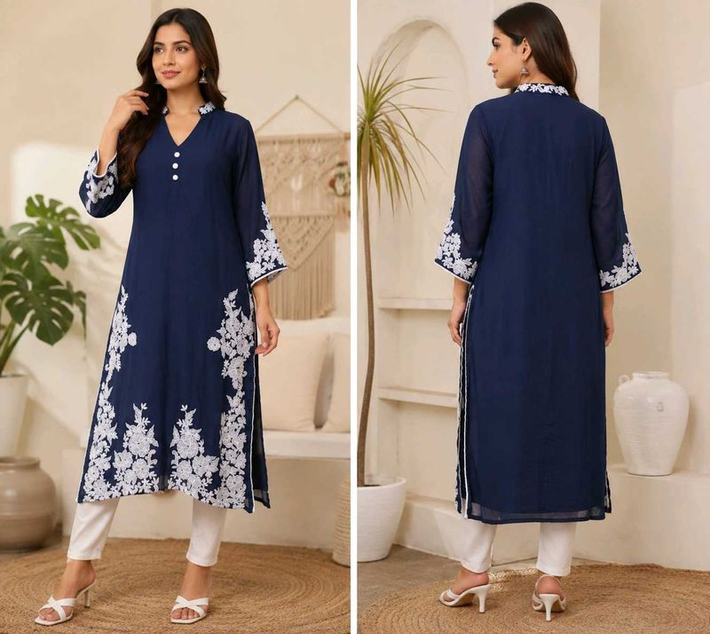 Elegant Navy Blue Kurta with White Embroidery