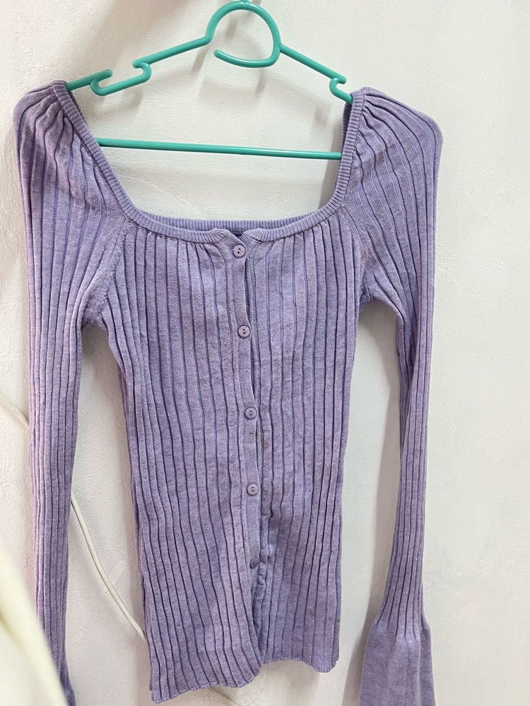 Lavender Ribbed Button-Up Top