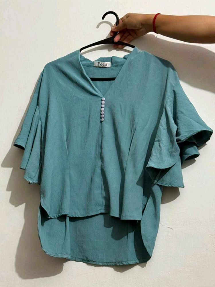 Chic Teal Ruffle Sleeve Top