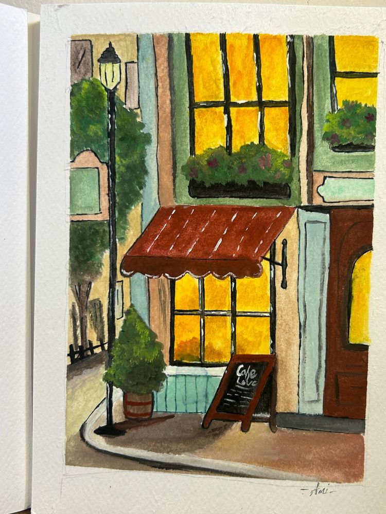 Cafe Love gouache Painting on A5 paper
