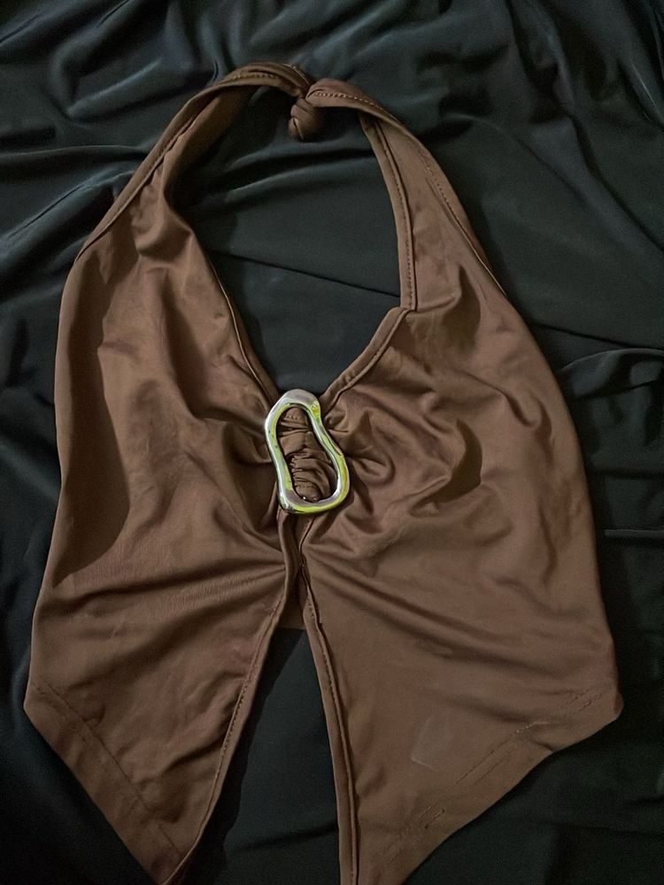 Chic Brown Halter Top with Metal Detail