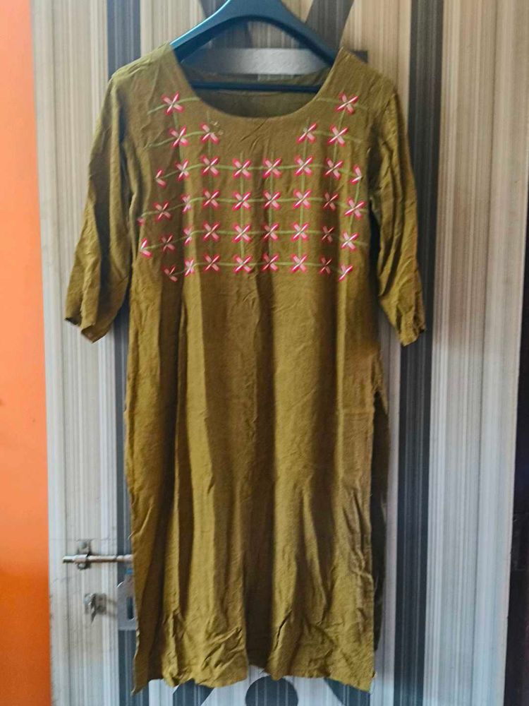 Embroidered Olive Green Kurta
