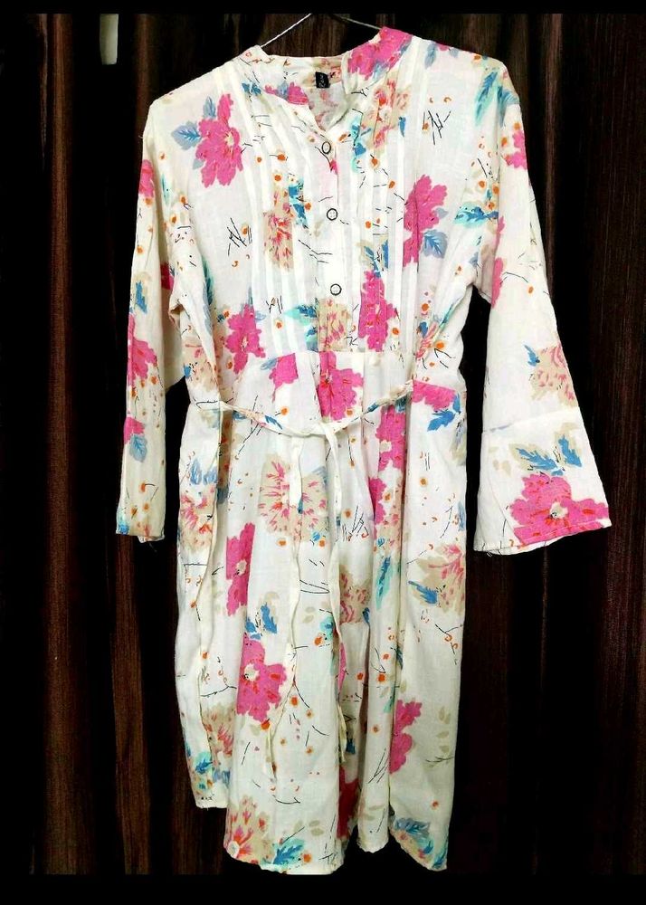 White Floral Print Kurta
