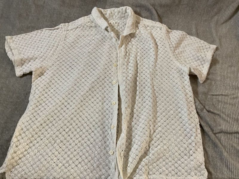 Men's White Lace Short Sleeve Shirt