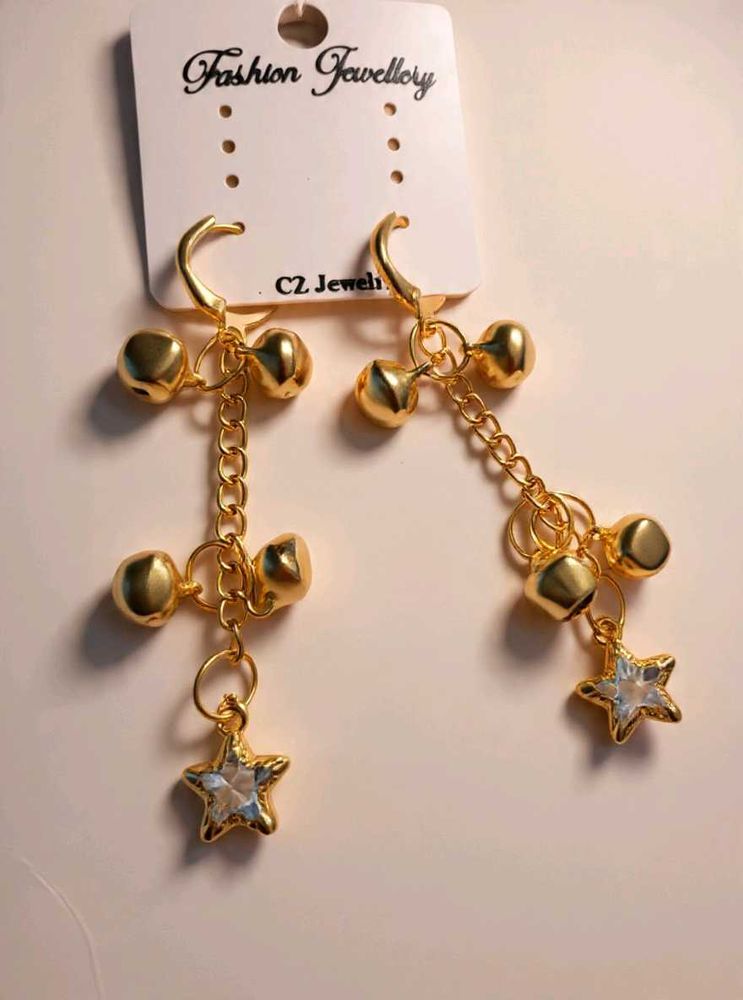 Gold Tone Bell &amp; Star Dangle Earrings