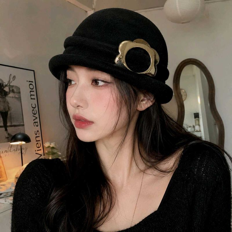 Chic black Cloche Hat with Gold Flower Accent