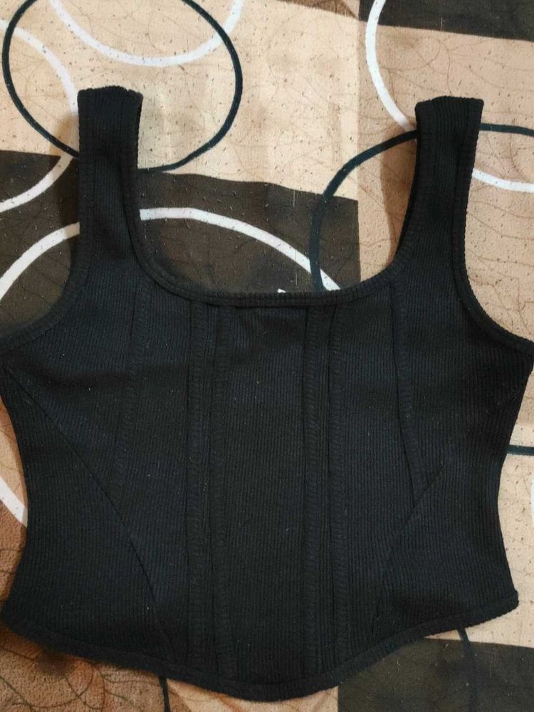 Chic Black Ribbed Corset Top