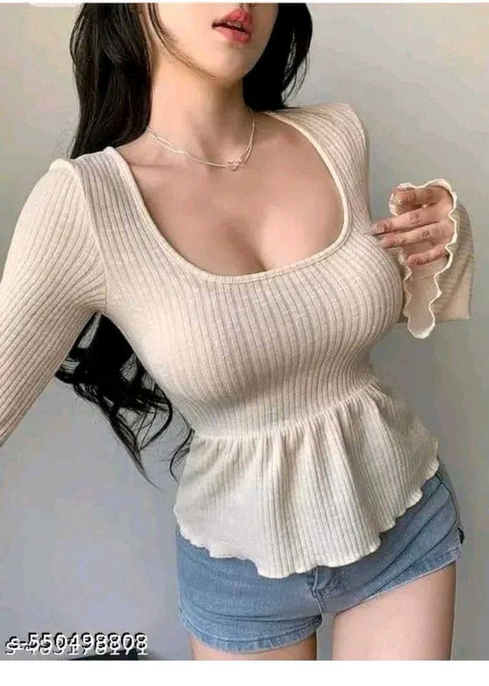 Ribbed Peplum Top with Square Neck