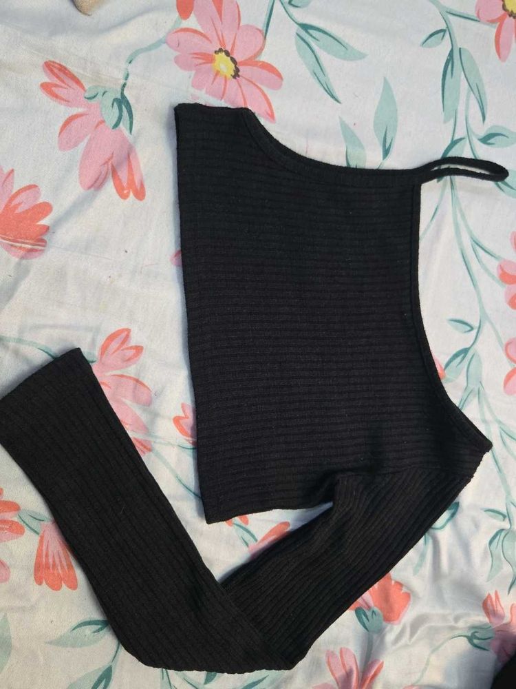 Black Ribbed One-Shoulder ]