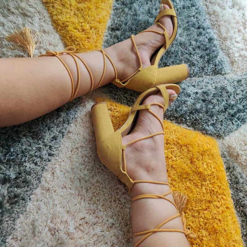 Mustard Yellow Lace-Up Block Heels