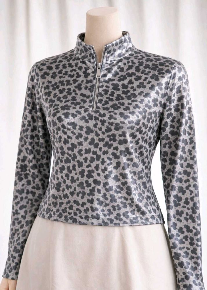 Shimmer Leopard Print Zip Neck Top