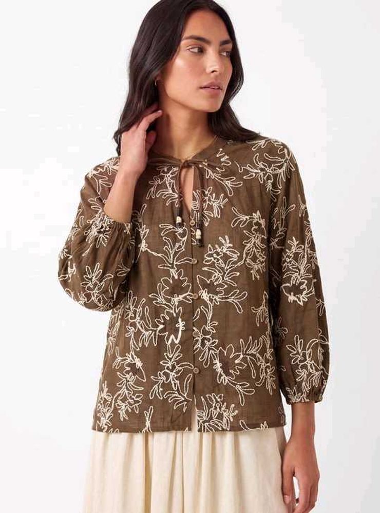 Brown Floral Tie-Neck Blouse