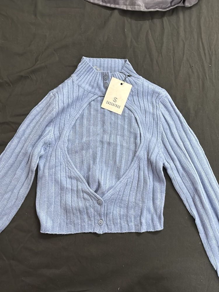 Sassoras Blue Cut-Out Knit Top