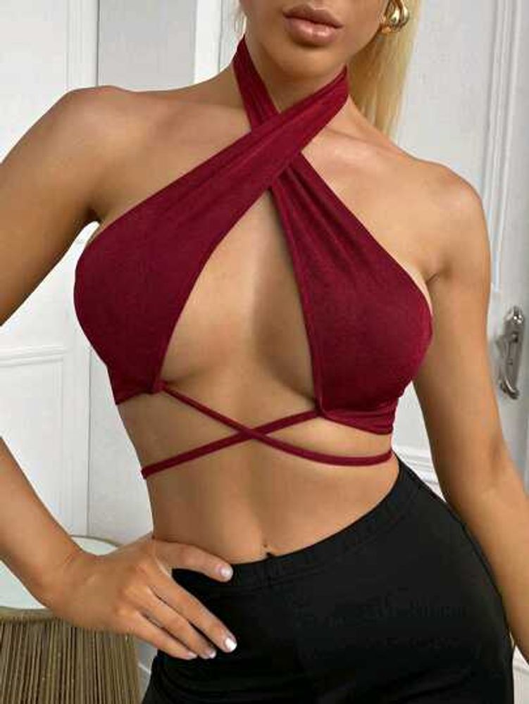 1389. Criss-Cross Halter Neck Crop Top