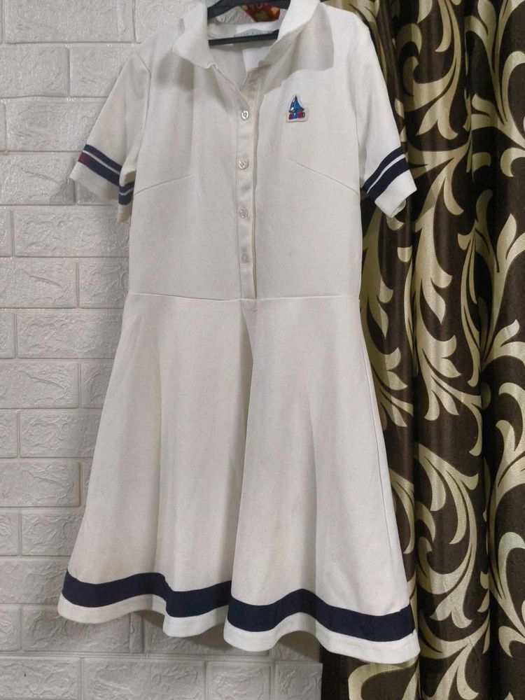 Cute Korean style White Dress with Navy Trim