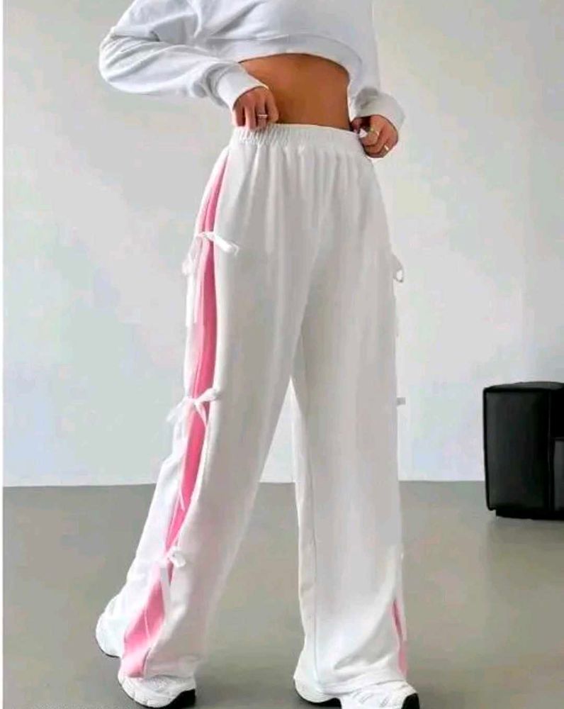 White &amp; Pink Tie Detail Trousers