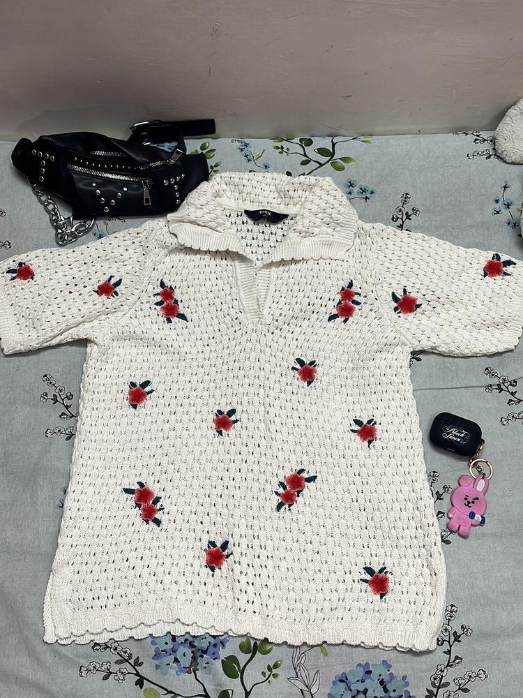 White Crochet Top with Rose Embroidery