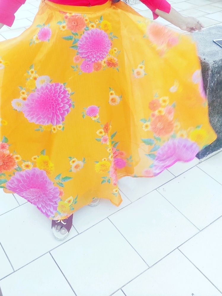 Studio Srinagar Mustard Yellow &amp;pink floral print skirt lehenga.