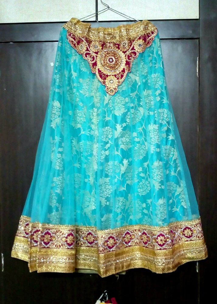 Teal &amp; Gold Embroidered Lehenga Skirt