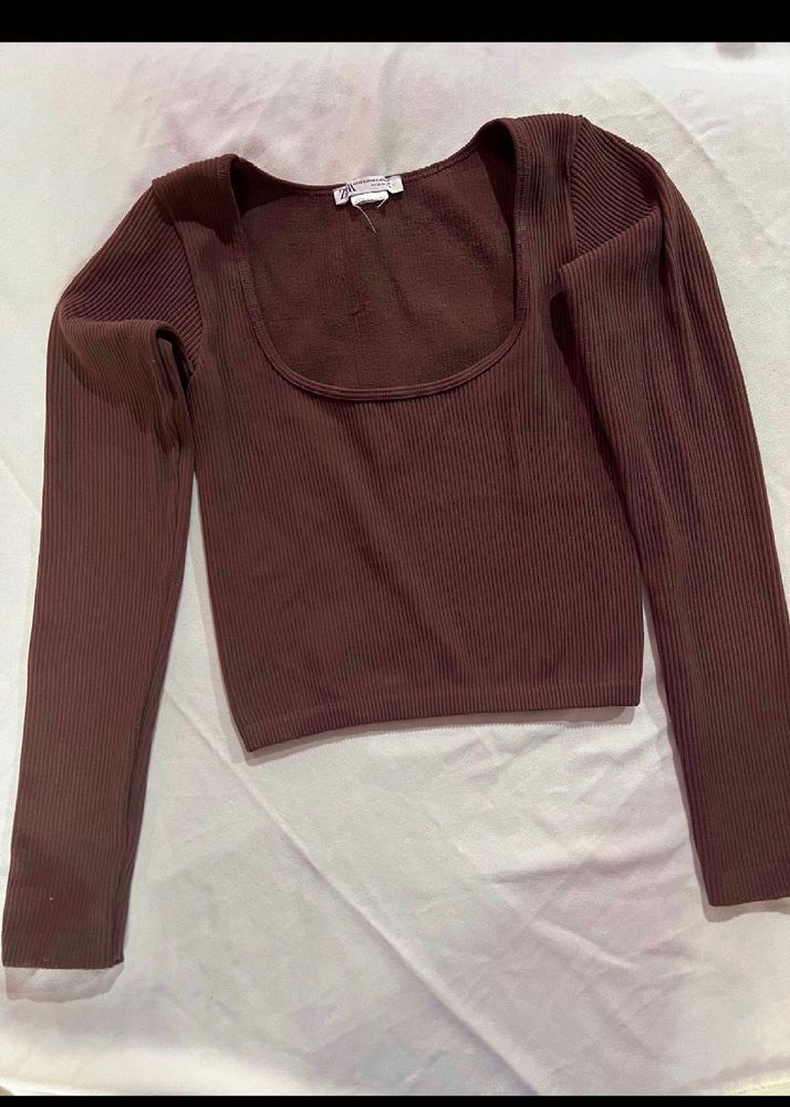 ZARA Ribbed Square Neck Long Sleeve Top