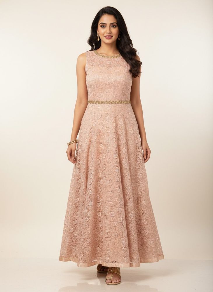 Elegant Peach Lace Ethnic Gown