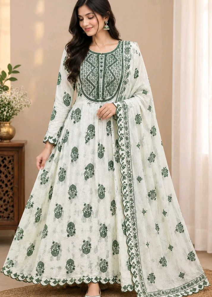 Elegant White &amp; Green Anarkali Suit with dupatta