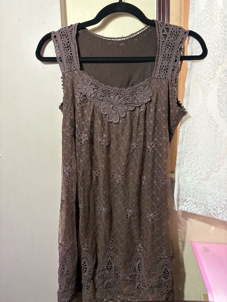 Women's Brown Lace Detail Top