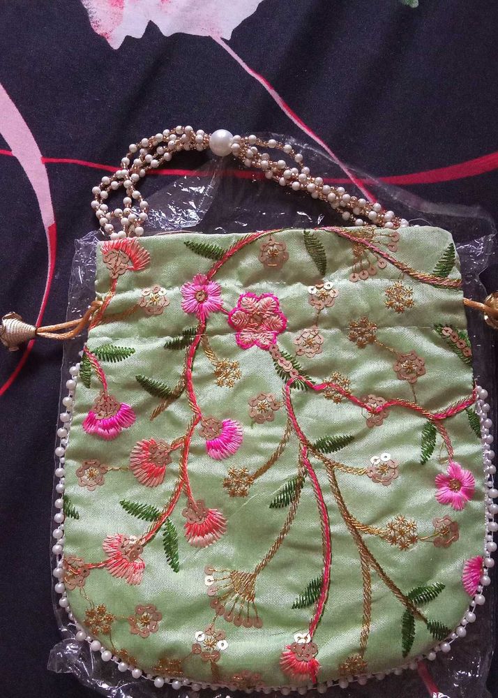 Embroidered Potli Bag with Pearl Handle