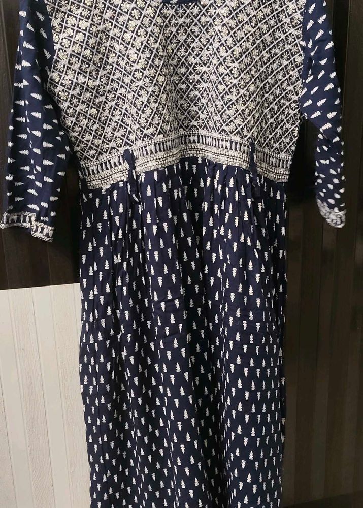 Navy Blue Printed Kurta with Embroidery