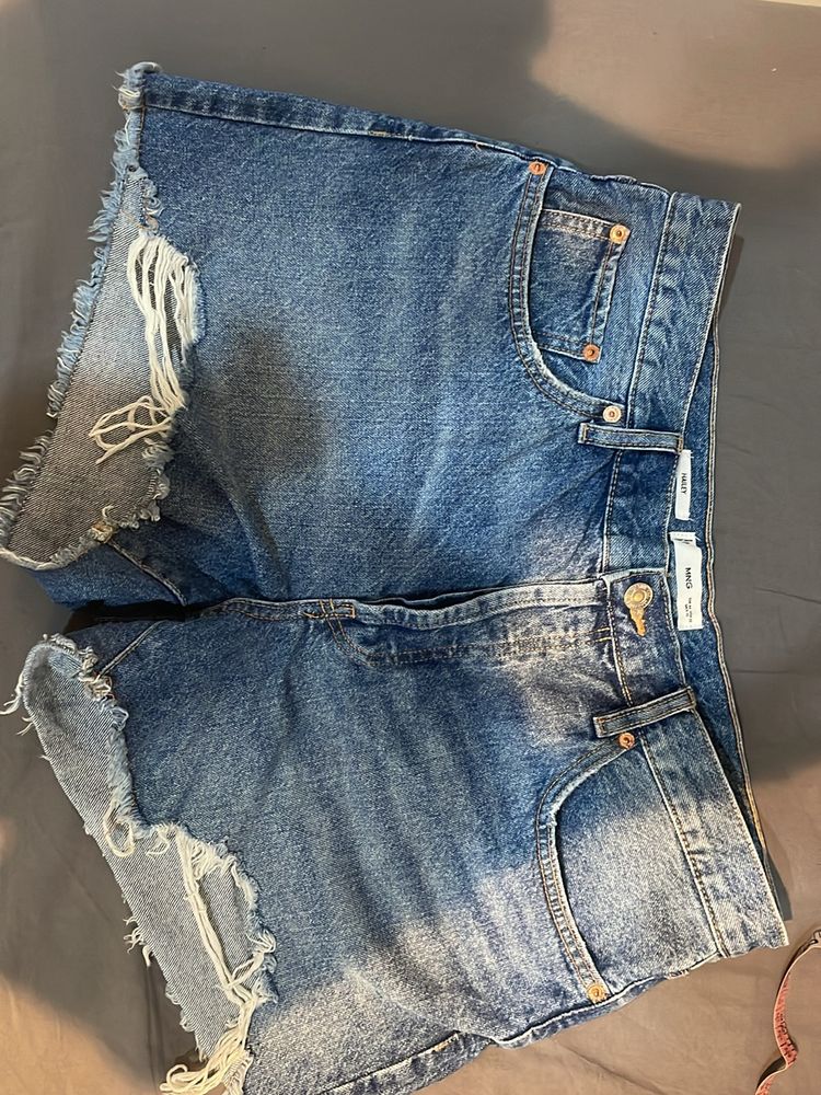 Blue Denim Ribbed Shorts