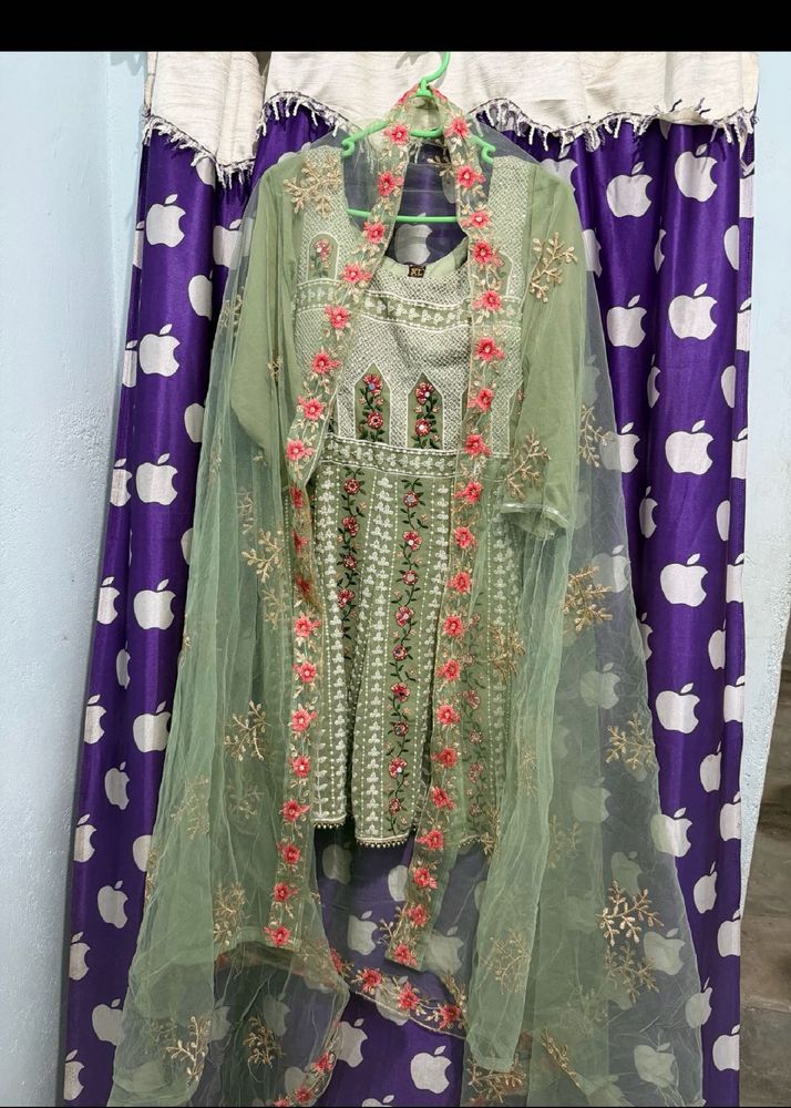 Peplum style green Embroidered Kurta Set