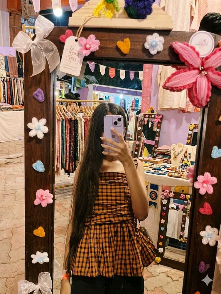 vintage Checkered Off-Shoulder Peplum Top