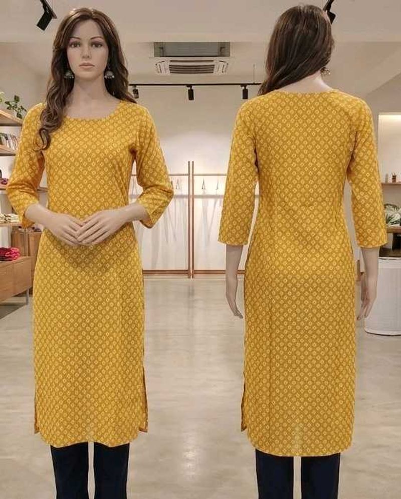 Brand New Yellow Printed Straight Kurti