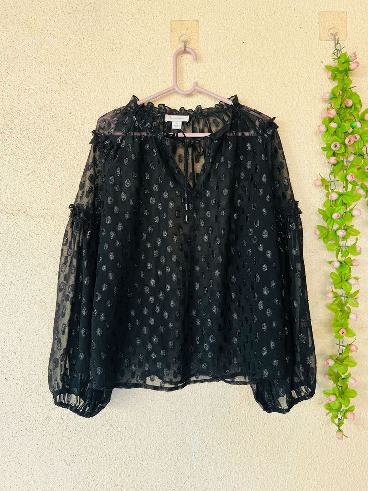 Chic Black Sheer Polka Dot Blouse