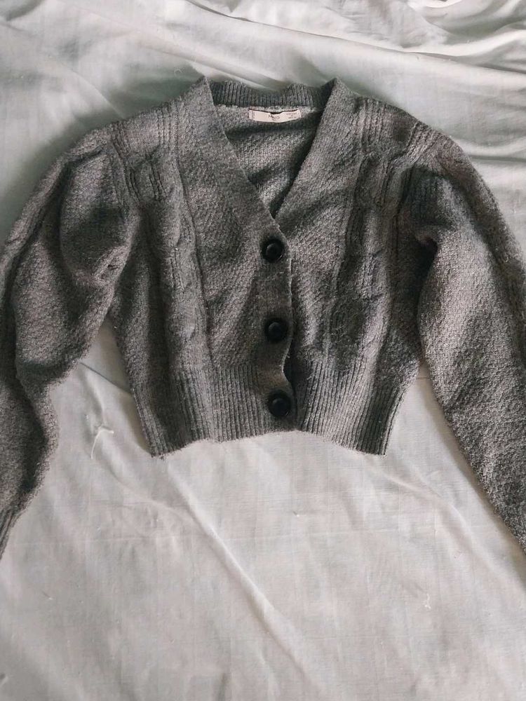 Grey Cable Knit Cropped Cardigan