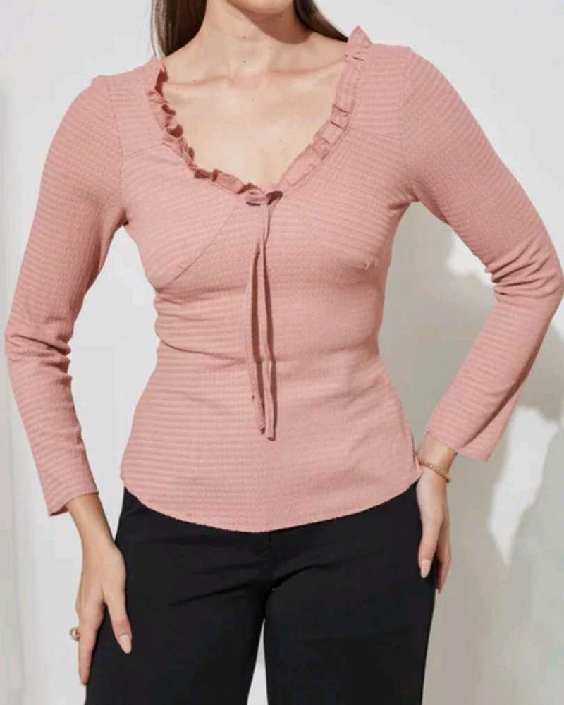 Shein Elegant Pink Ruffle Neck Top