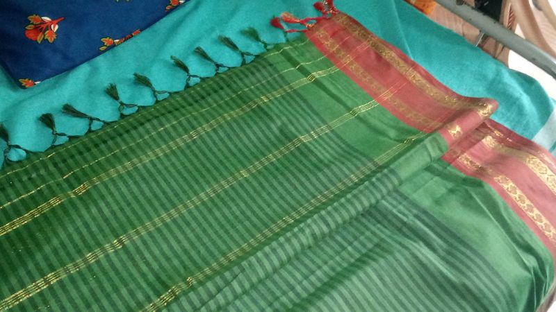 Green Saree with Golden Stripes